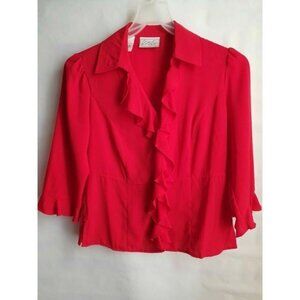 Kathy Che Red Blouse Size Small Ruffles Top  Button Up 3/4 Sleeve Shirt Girl